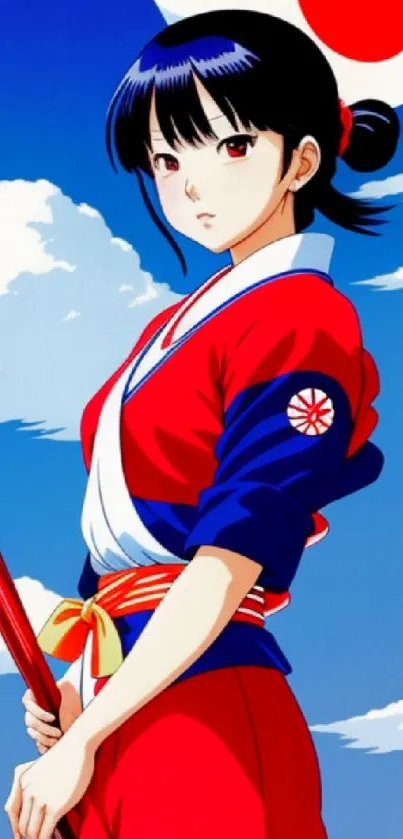 Anime girl holding a Japanese flag with a blue sky background.