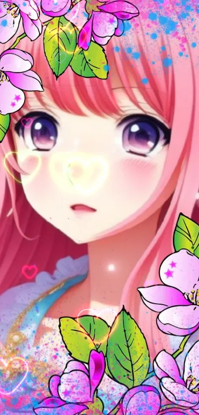 Anime girl with pink hair and vivid floral accents. Bright and colorful design.