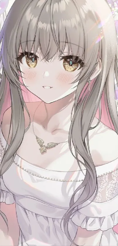 Anime girl with long hair in floral background.