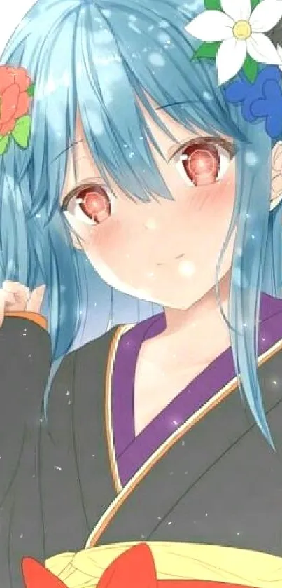 Anime girl with blue hair, floral accents in a kimono, red eyes.