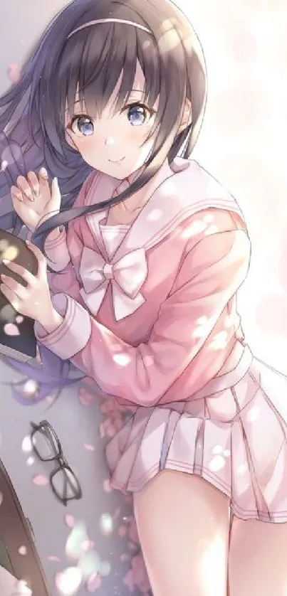 Anime girl in pink with sakura petals, holding a book.