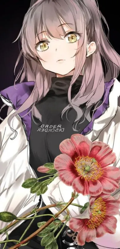 Anime girl in stylish attire with flowers.