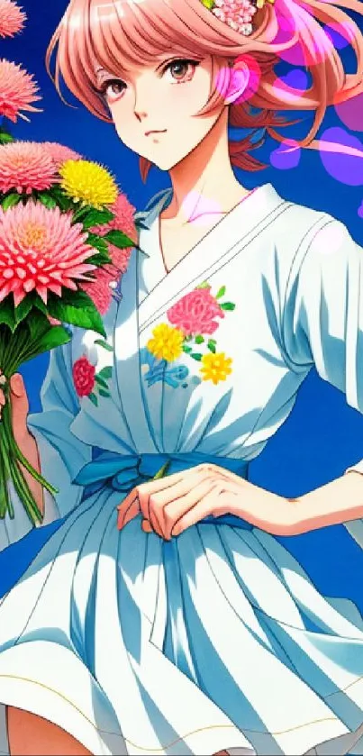 Anime girl holding pink flowers against a sky blue background.