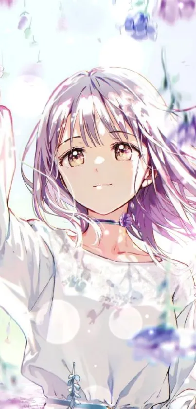 Anime girl with purple hair and flowers mobile wallpaper.
