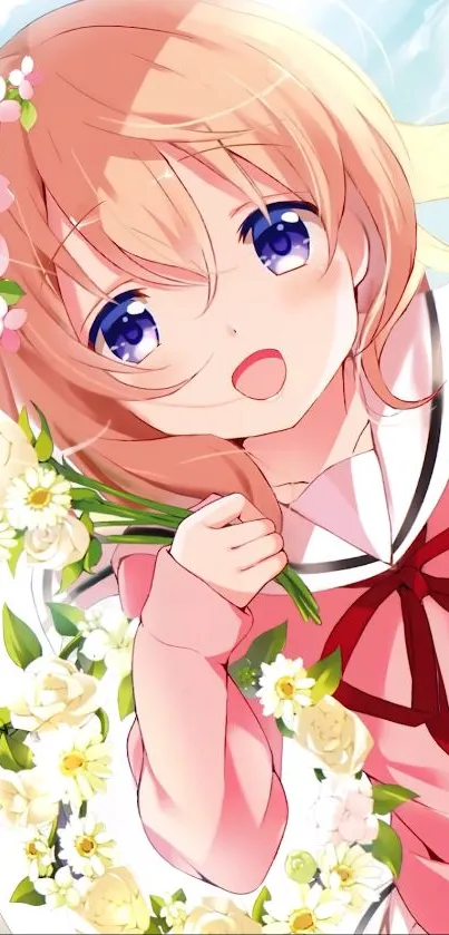 Anime girl with flowers and pink dress, smiling under blue sky.