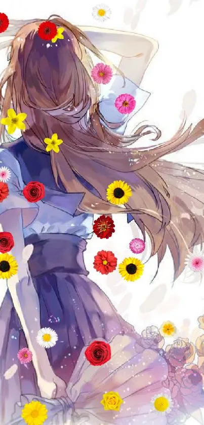 Anime girl with long flowing hair and flowers in pastel colors.