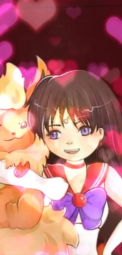 Anime girl with fluffy creature and pink hearts.