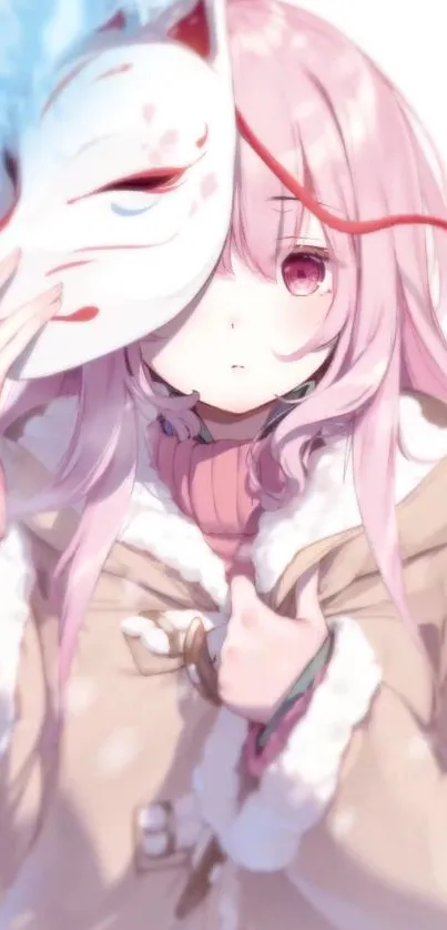 Anime girl holding a fox mask with pastel pink colors.