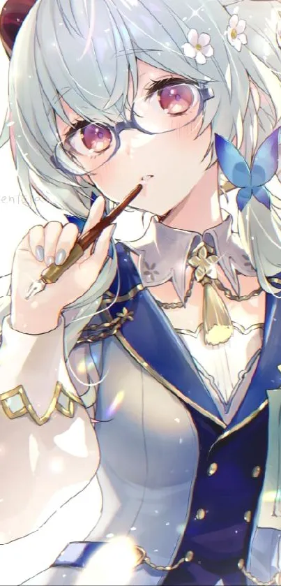 Anime girl with glasses and light blue hair holding a pen.