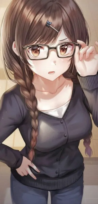 Anime girl wearing glasses with brown tones.