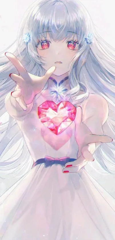 Anime girl with glowing heart and red eyes in a light blue theme.