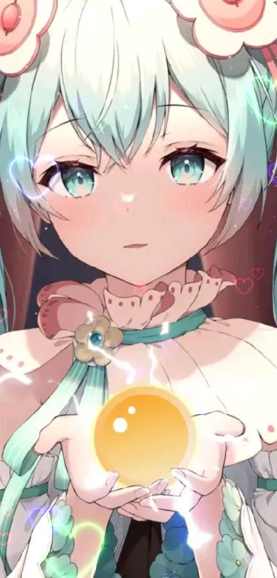 Anime girl holding a magical glowing orb with cyan hair and vibrant details.