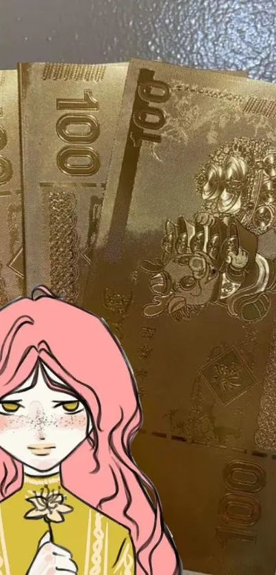 Anime girl with pink hair and golden bills wallpaper.