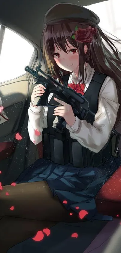 Anime girl holding a gun in a car, artistic and stylish.