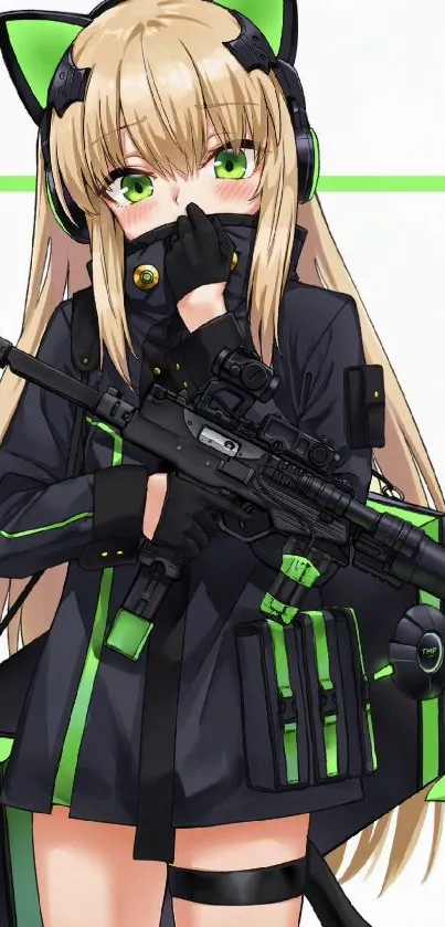 Anime girl with cat ears and gun, green accents, stylish design.