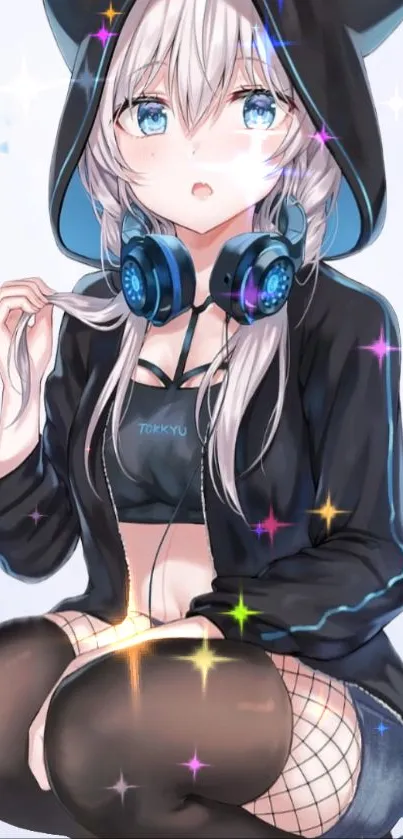 Anime girl with headphones in a stylish hoodie.