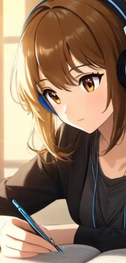 Anime girl with headphones studying at a desk in soft lighting.