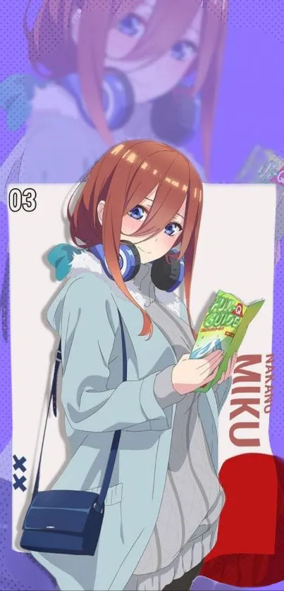 Anime girl with headphones reading a book on a purple background.