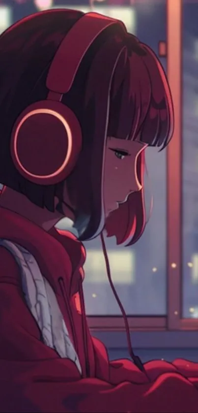 Anime girl with headphones and red hoodie at night.