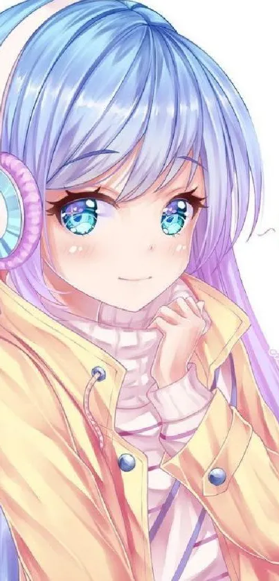 Anime girl with headphones and blue hair against a pastel background.