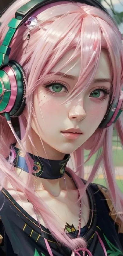 Anime girl with pastel pink hair and headphones, vibrant art.