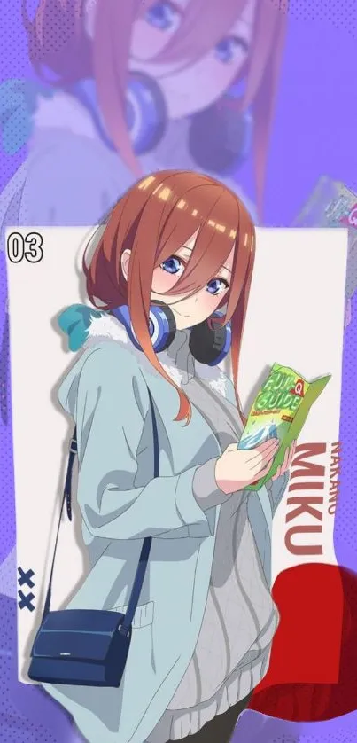 Anime girl with headphones reading a book