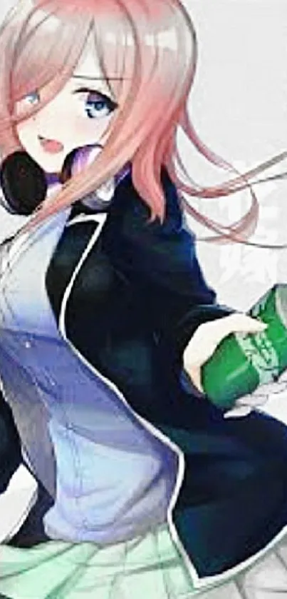 Anime girl with pink hair and headphones holding a can.