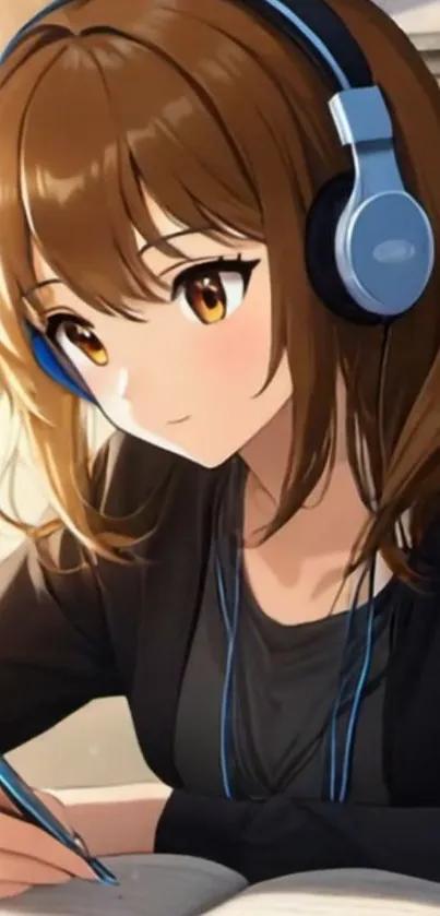 Anime girl with headphones sits studying, creating a serene wallpaper.