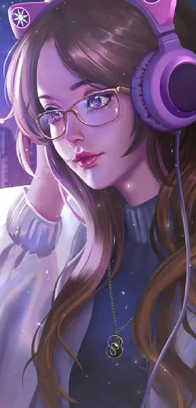 Anime girl with pink cat-ear headphones and glasses against urban night view.