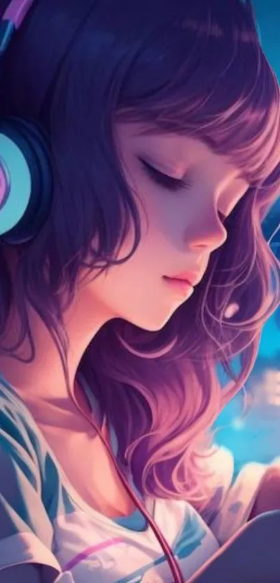 Anime girl with headphones, serene style.