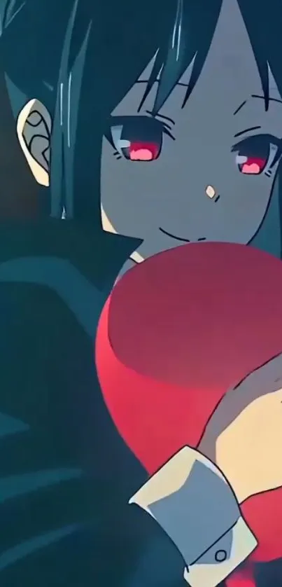 Anime girl holding a red heart with dark blue background.