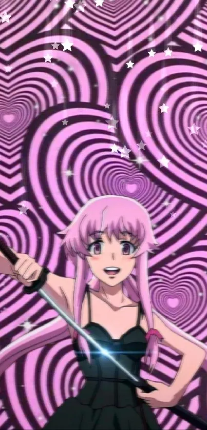 Anime girl with pink heart background and a vibrant pose.