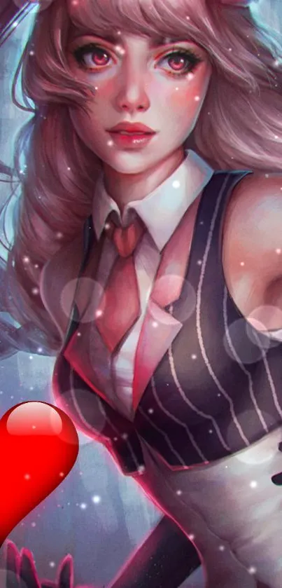 Anime girl in suit with heart design on mobile wallpaper.