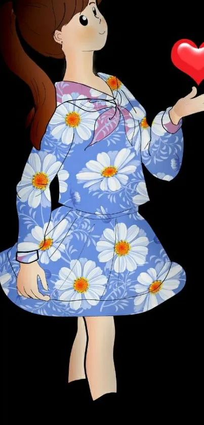 Anime girl in floral dress holding heart.