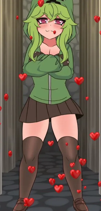 Anime girl with green hair and red hearts floating around.