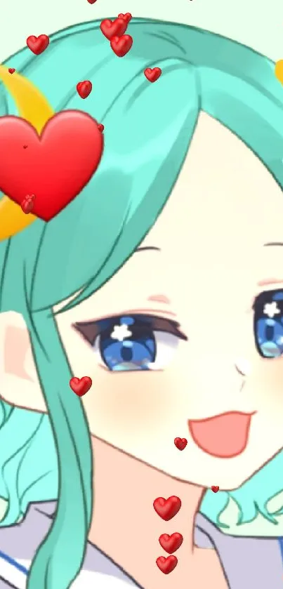 Anime girl with teal hair and floating red hearts.