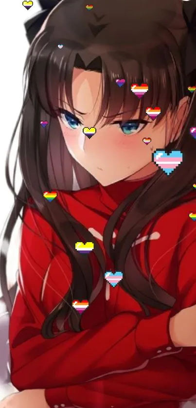 Anime girl in red with rainbow hearts.