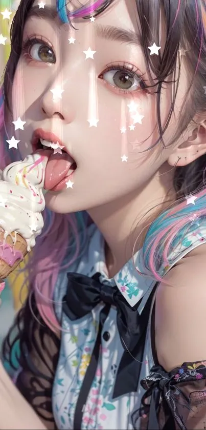 Anime girl enjoying ice cream with colorful stars.