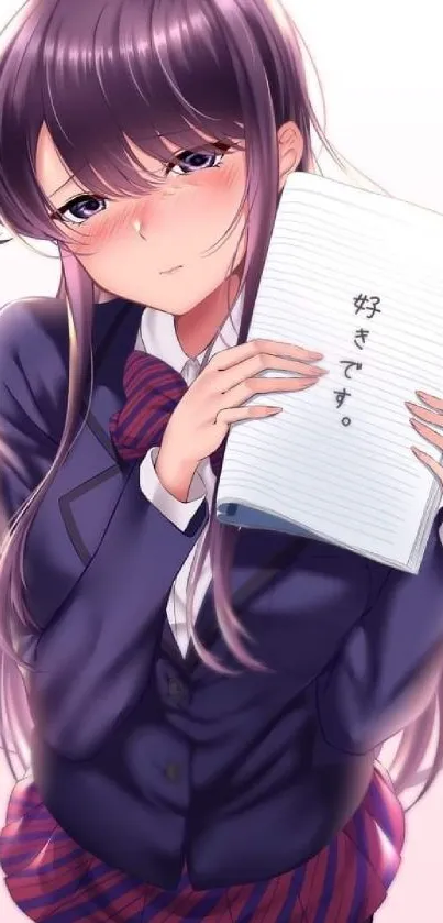 Anime girl holding a journal with a shy expression.