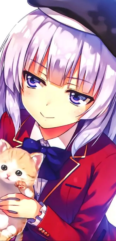 Anime girl holding a kitten with red jacket and purple hair.