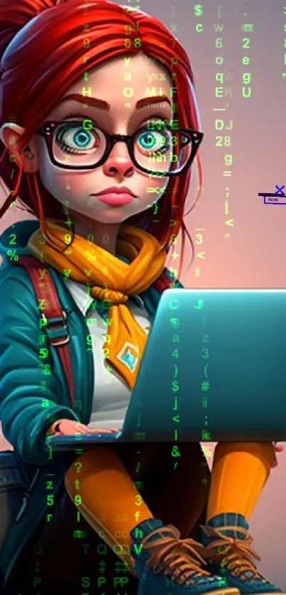 Anime girl with red hair and glasses working on a laptop