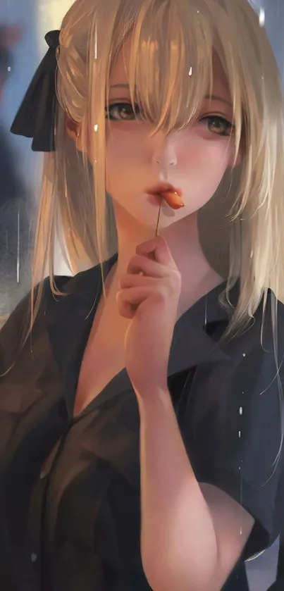 Anime girl with long blonde hair holding a lollipop, wearing a dark shirt.