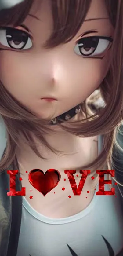 Anime girl with 'LOVE' text in bold red heart design.