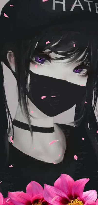 Anime girl with mask and pink flowers in a dark theme wallpaper.