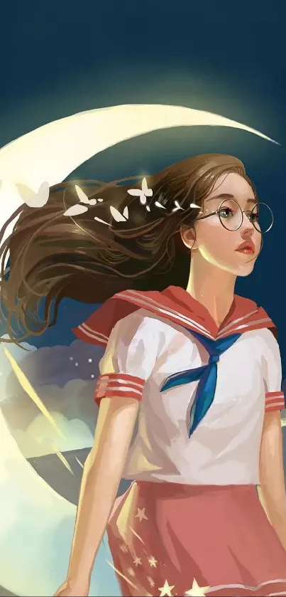 Anime girl with glasses under crescent moon; wearing sailor outfit with flowing hair.