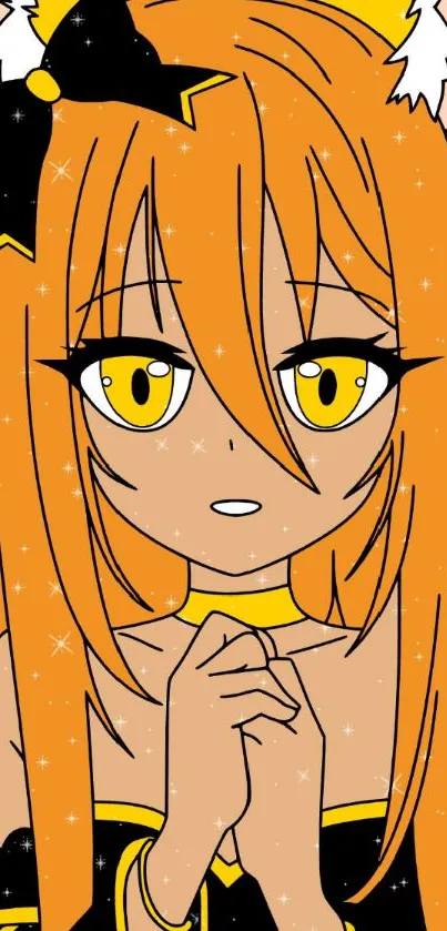 Anime girl with orange hair and bright yellow eyes, sparkling effect.