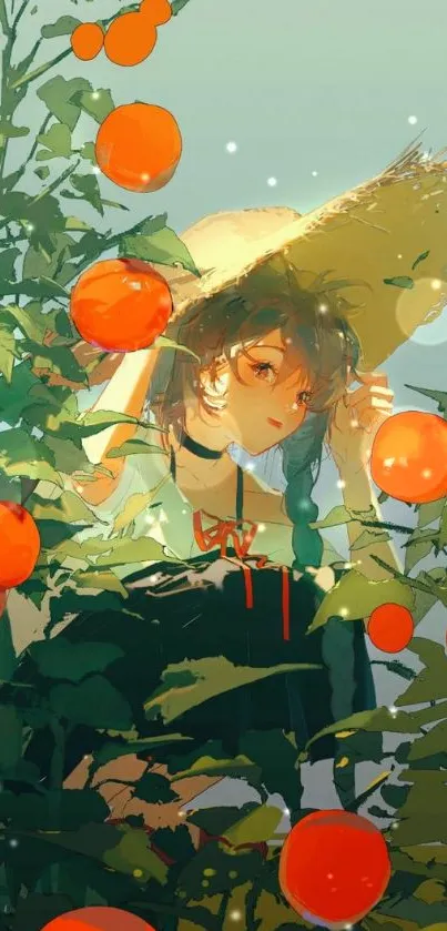 Anime girl in garden with oranges.