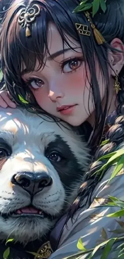 Anime girl cuddling a panda amidst green leaves.