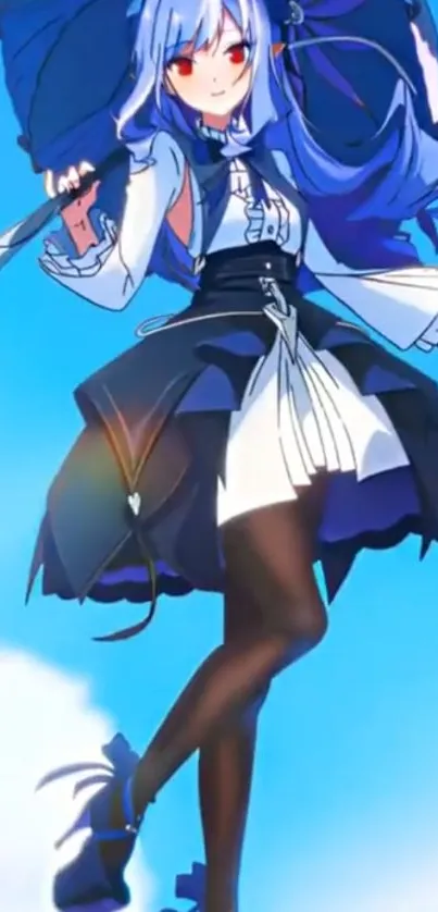 Anime girl with parasol in blue sky, artistic style.