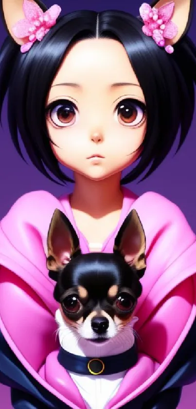 Anime girl with cat-ears and Chihuahua in pink and purple hues.